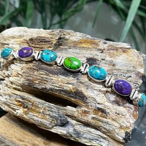 Southwestern Style Sterling Silver 7 Stone Turquoise Bracelet
